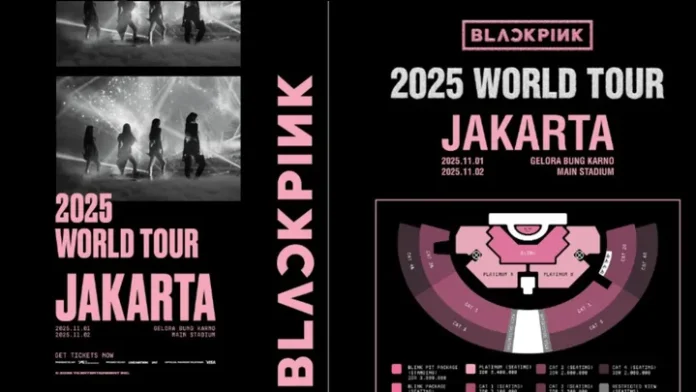 Poster resmi Blackpink 2025 World Tour Jakarta menampilkan jadwal 1–2 November di Gelora Bung Karno dan peta kategori kursi stadion.