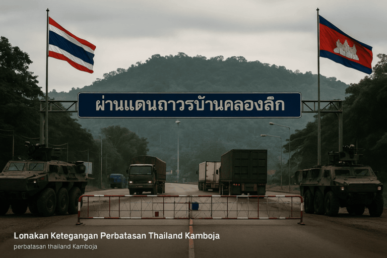 Gerbang tertutup di perbatasan Thailand Kamboja (Aranyaprathet–Poipet) tahun 2025, diapit kendaraan militer dan truk logistik menunggu izin.