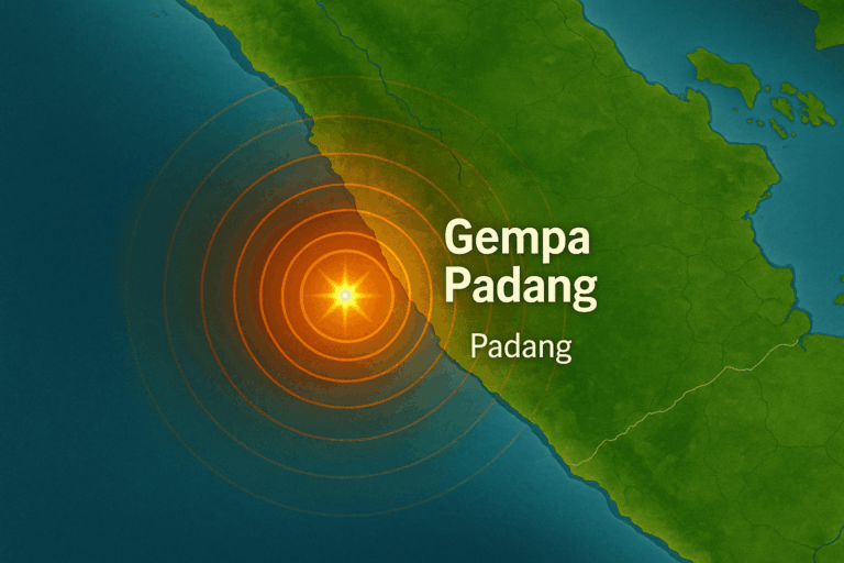 Peta digital menyorot episentrum Gempa Padang di lepas pantai Pariaman dengan lingkaran gelombang seismik.