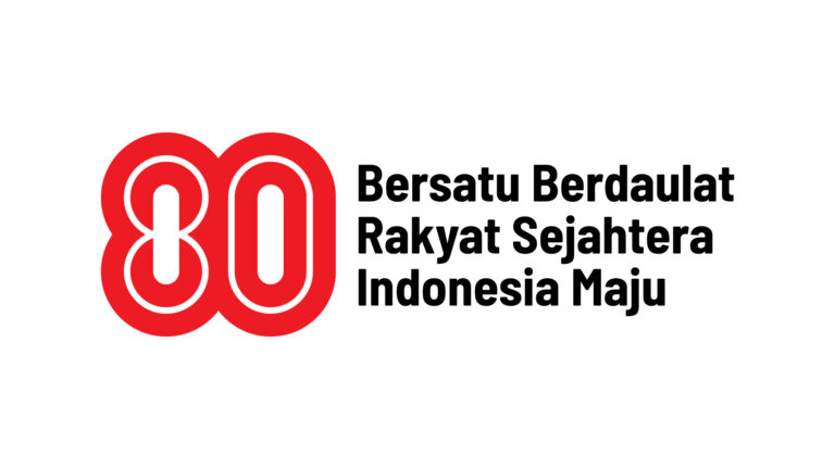 Logo 80 Tahun Indonesia berwarna merah dengan tagline “Bersatu Berdaulat Rakyat Sejahtera Indonesia Maju”.
