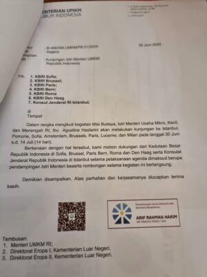 Dokumen resmi Kemen UMKM nomor B-466 tentang permintaan dukungan tour Eropa Menteri UMKM.