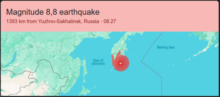 Peta lokasi gempa Rusia magnitudo 8,8 di Laut Okhotsk dekat Semenanjung Kamchatka.