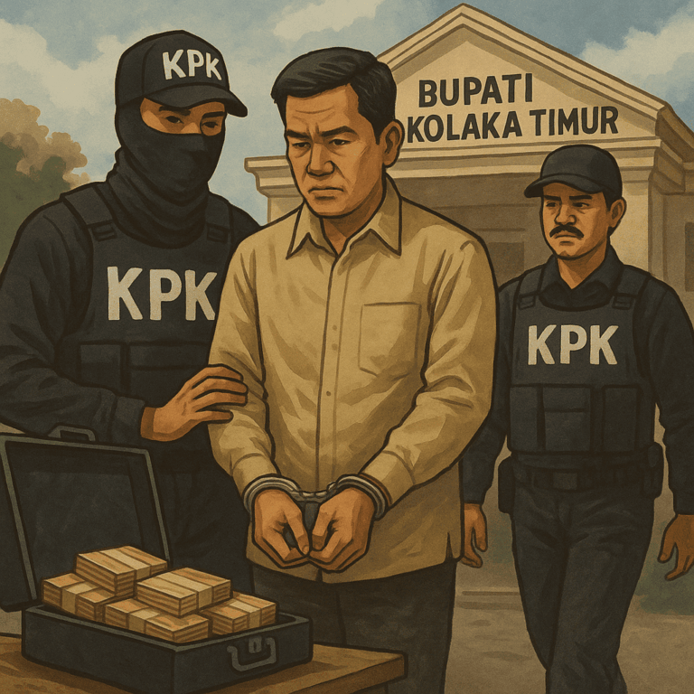 Ilustrasi OTT KPK: Bupati Kolaka Timur diborgol di depan kantor bertuliskan “Bupati Kolaka Timur”, dua petugas KPK berjaga, koper uang sitaan terbuka di meja.