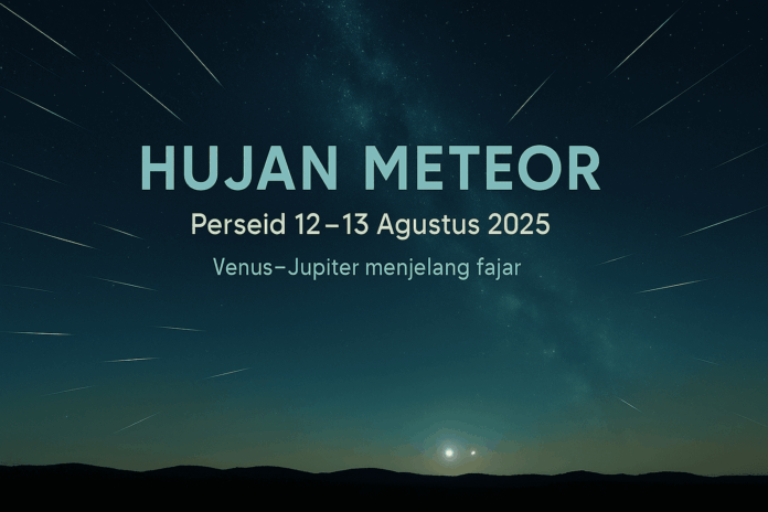 Featured image Hujan Meteor—meteor Perseid berjejak di langit malam dengan Venus–Jupiter rendah di timur menjelang fajar.