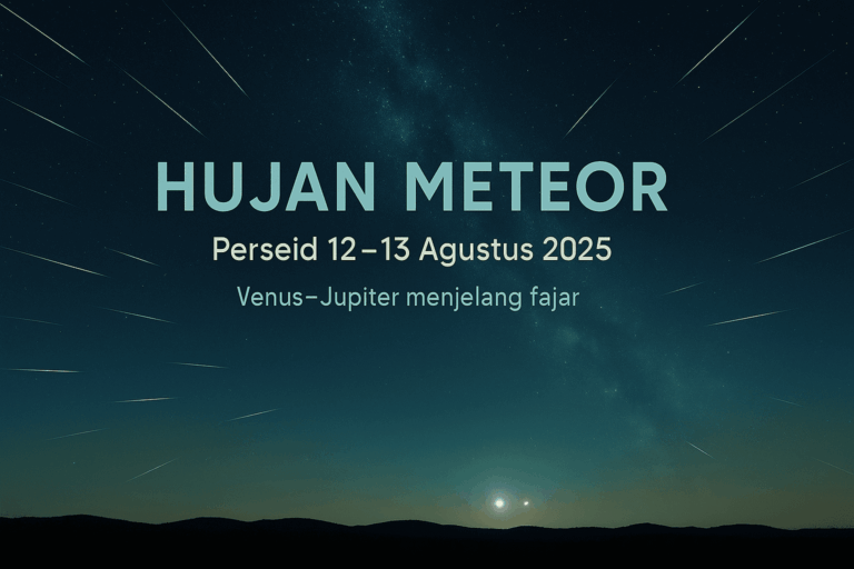 Featured image Hujan Meteor—meteor Perseid berjejak di langit malam dengan Venus–Jupiter rendah di timur menjelang fajar.