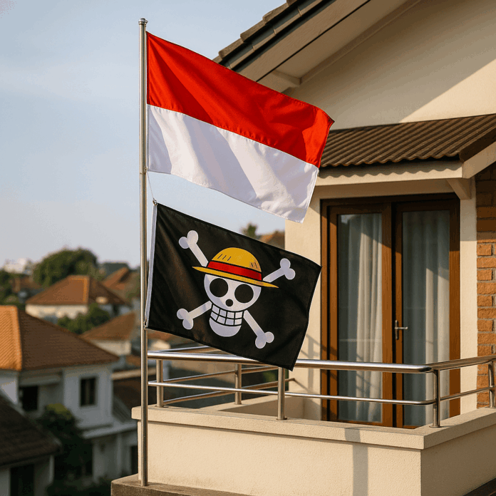 Bendera Merah Putih dan Bendera One Piece berkibar berdampingan di balkon rumah Indonesia menjelang 17 Agustus.