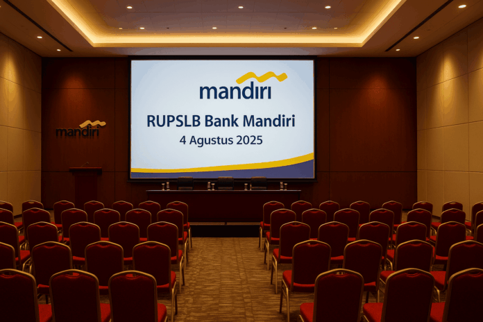 Ruang konferensi Assembly Hall Menara Mandiri dengan kursi merah yang tertata rapi, layar besar menampilkan “RUPSLB Bank Mandiri 4 Agustus 2025” dan logo Mandiri di dinding.