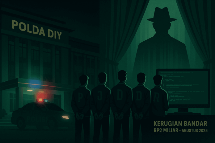 Ilustrasi panorama gedung Polda DIY dengan siluet lima tersangka berjudi online di depan layar kode, serta bayangan figur bandar di belakang tirai.