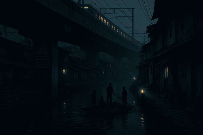 Ilustrasi lanskap Kampung Tongkol di bawah rel Jakarta Utara: deretan rumah padat di tepi kanal, getek menyeberang, dan kereta melintas di viaduk gelap.