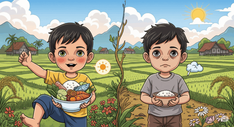 Ilustrasi perbandingan kesehatan anak: satu anak terlihat bersemangat, satu lagi tampak lesu, menggambarkan dampak anemia anak.