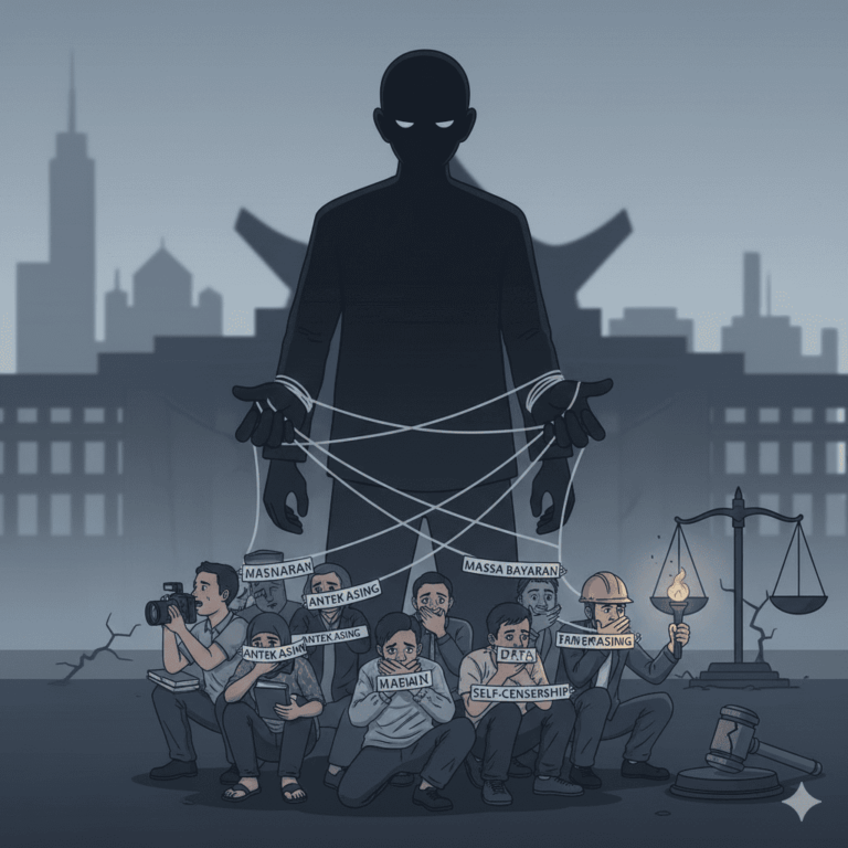 Ilustrasi representasi visual "Civil Phobia" di Indonesia, menunjukkan ketakutan dan pembungkaman warga sipil oleh kekuasaan.
