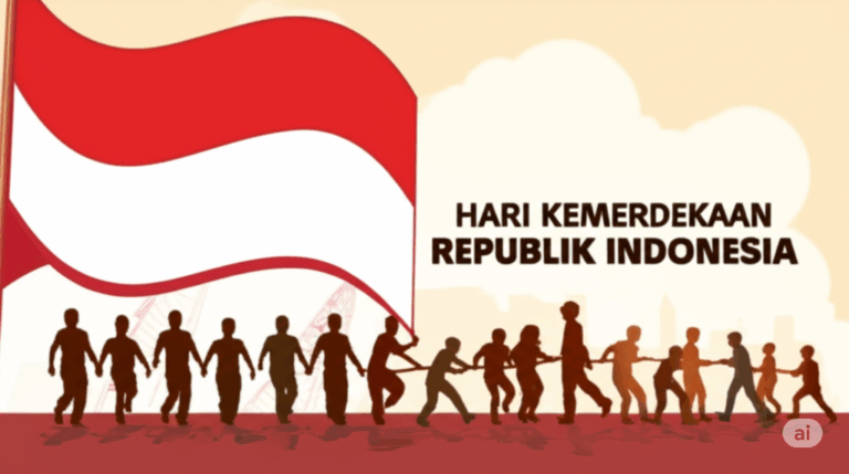 Siluet orang-orang yang bergotong-royong di bawah Bendera Merah Putih, dengan teks "HARI KEMERDEKAAN REPUBLIK INDONESIA" di sisi kanan.