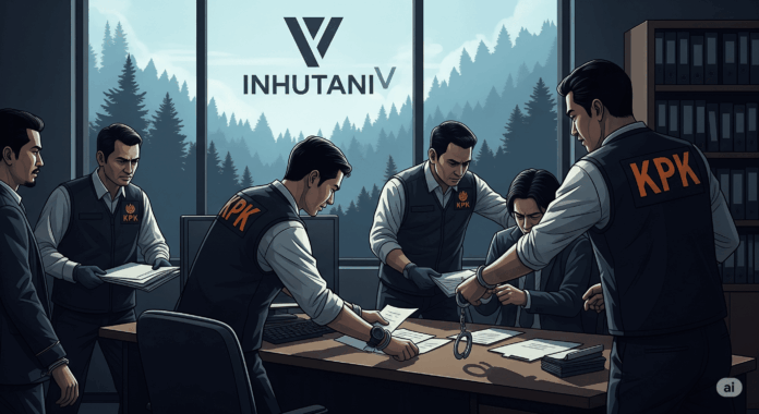 Ilustrasi digital yang menggambarkan operasi tangkap tangan (OTT) oleh KPK di kantor Inhutani V, Jakarta, terkait kasus korupsi di sektor kehutanan.