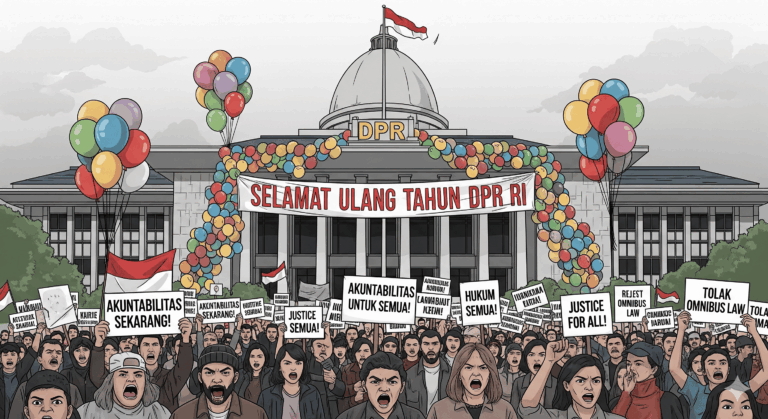 Sebuah ilustrasi yang menggambarkan gedung ulang tahun DPR RI dihiasi spanduk ulang tahun yang meriah, namun di depannya ada kerumunan demonstran yang marah membawa poster protes, menciptakan kontras yang ironis.