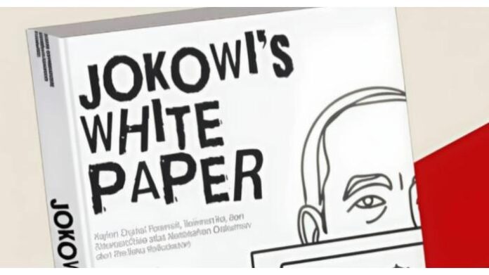 Sampul buku Jokowi White Paper bergaya ilustrasi menampilkan sebagian wajah Jokowi; buku ini menyoroti analisis forensik dokumen dan polemik ijazah.
