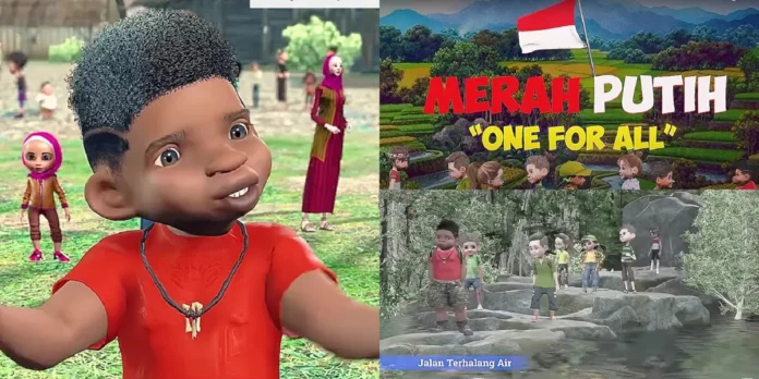 Kolase cuplikan trailer Merah Putih One For All: karakter anak berkaus merah di lapangan, judul dengan bendera Indonesia, dan rombongan anak menyeberangi bebatuan sungai.