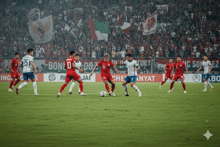 Pertandingan sepak bola antara tim nasional Indonesia (jersey merah) dan Chinese Taipei (jersey putih-biru) sedang berlangsung di Stadion Gelora Bung Tomo (GBT) yang dipenuhi penonton. Papan skor besar di latar belakang menunjukkan "Indonesia vs Chinese Taipei LIVE SCTV/INDOSIAR/VID".
