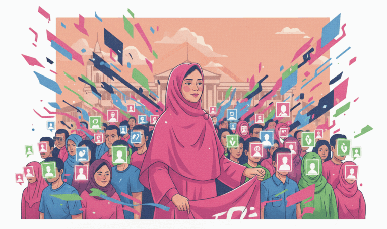 Ilustrasi digital menampilkan seorang wanita berjilbab pink berdiri tegak di tengah kerumunan orang, dengan latar belakang gedung yang menyerupai DPR/MPR. Di atasnya terdapat gelembung teks bertuliskan "BERANI KARANA EMPATI" dan "Aksi 28 Agustus 2025 Suara Warga Indonesia". Wajah-wajah di kerumunan memiliki bingkai avatar berwarna Brave Pink, Resistance Blue, dan Hero Green, menunjukkan pergeseran perlawanan dari jalanan ke media sosial.