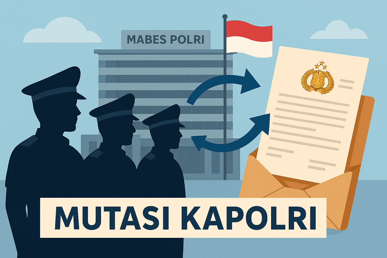 Ilustrasi mutasi Kapolri: siluet polisi di depan Mabes Polri dengan dokumen rotasi jabatan dan bendera Merah Putih.