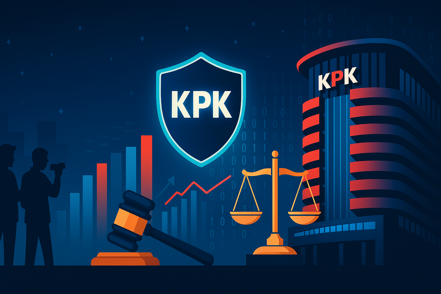Ilustrasi KPK: gedung merah‐biru, perisai bertuliskan “KPK”, palu hakim, timbangan keadilan, dan grafik digital di latar malam.
