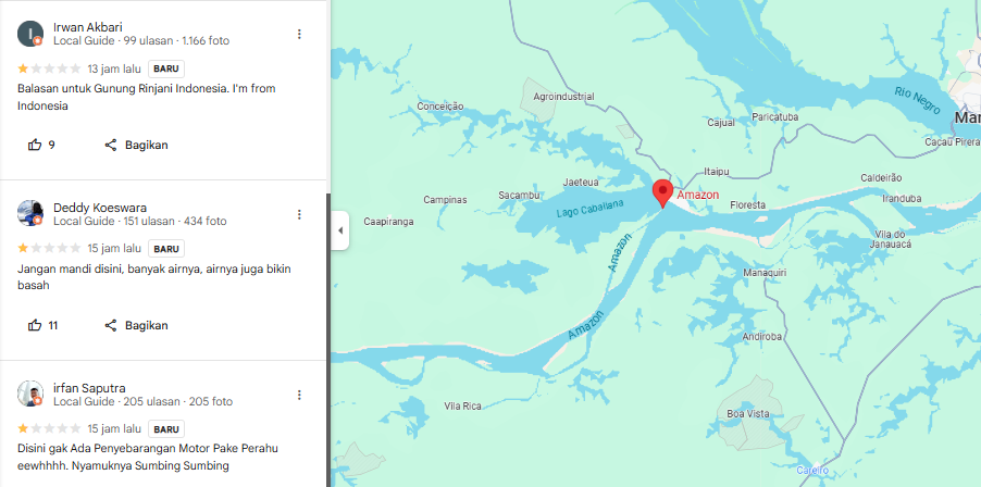 Tangkapan layar Google Maps Hutan Amazon dipenuhi balasan ulasan bernada satire dari netizen Indonesia setelah insiden Juliana Marins di Gunung Rinjani.