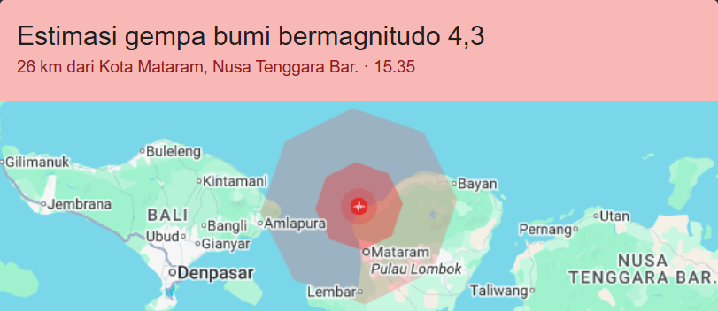Peta estimasi episentrum Gempa Lombok magnitudo 4,3 dekat Mataram