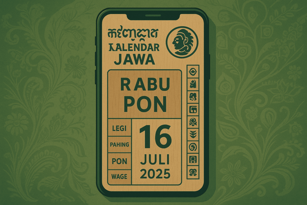 Ilustrasi digital Kalender Jawa menampilkan tanggal Rabu Pon 16 Juli 2025 di layar smartphone