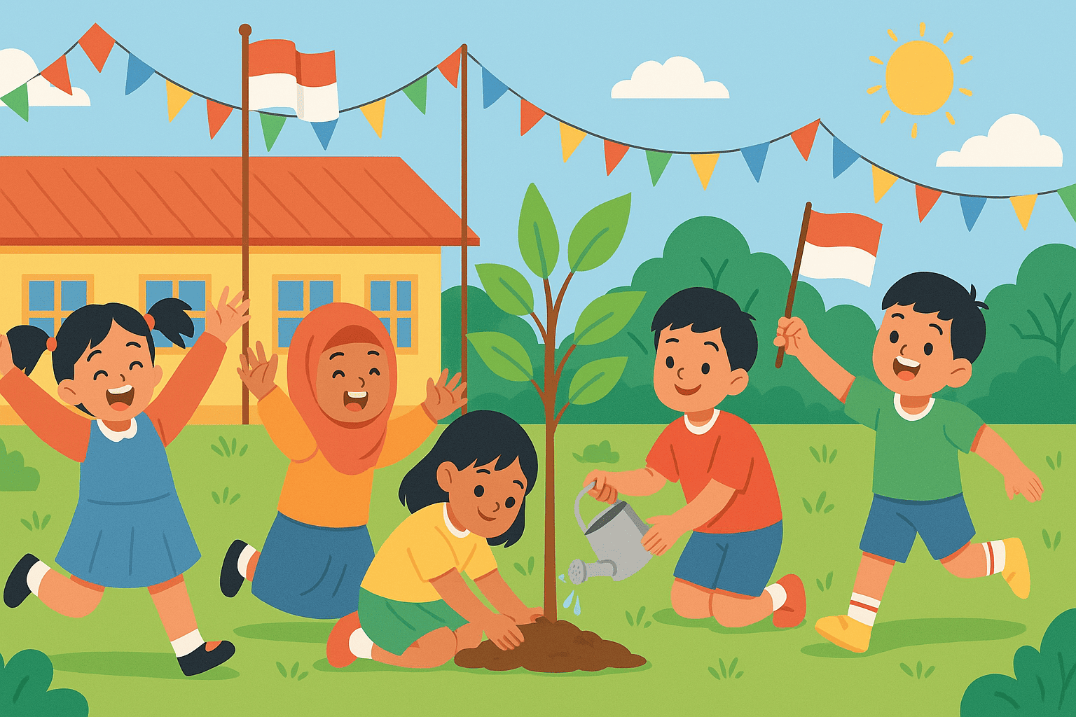 Anak‑anak Indonesia merayakan Hari Anak Nasional di halaman sekolah sambil menanam pohon dan mengibarkan bendera Merah Putih.