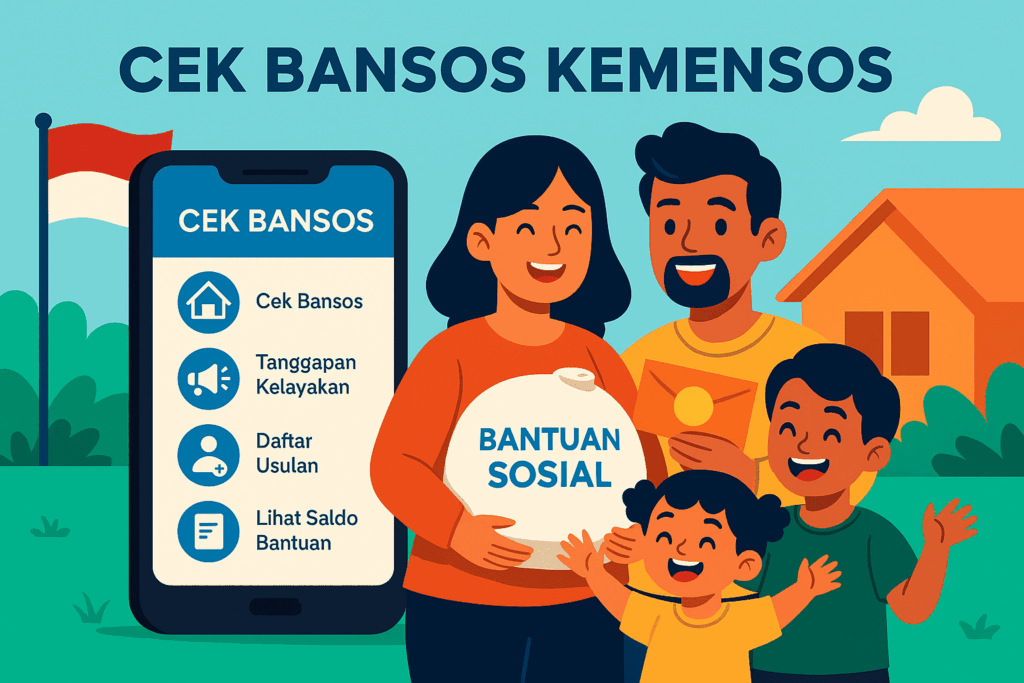 Ilustrasi keluarga mengecek aplikasi Cek Bansos Kemensos di ponsel sambil memegang bantuan sosial beras dan amplop tunai, berlatar bendera Indonesia.
