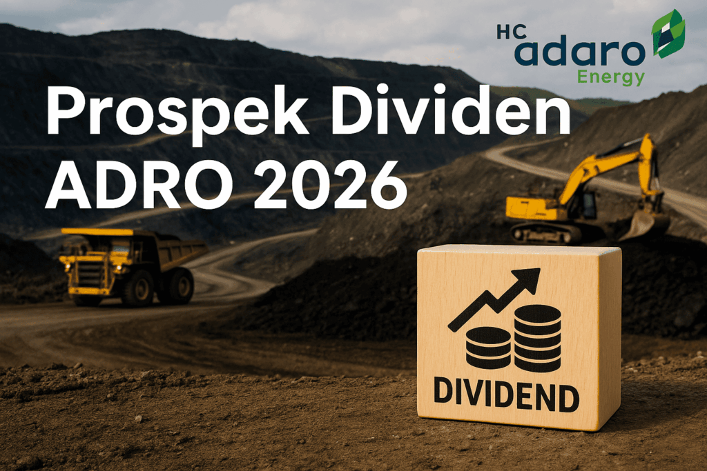 Tambang terbuka Adaro Energy dengan dump truck dan ekskavator berlatar blok kayu bertuliskan “Dividend”, menyorot potensi dividen ADRO 2026.