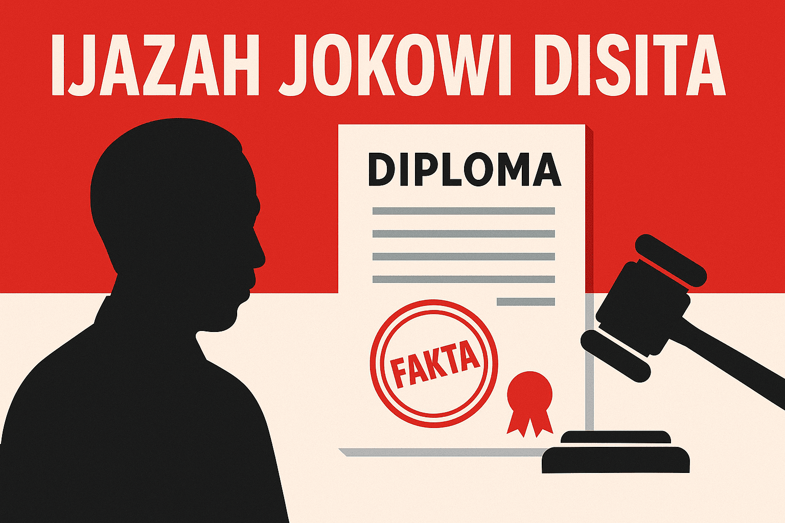 Ijazah Jokowi Disita: ilustrasi flat dengan kata ‘Diploma’ besar, stempel merah, dan palu hakim.