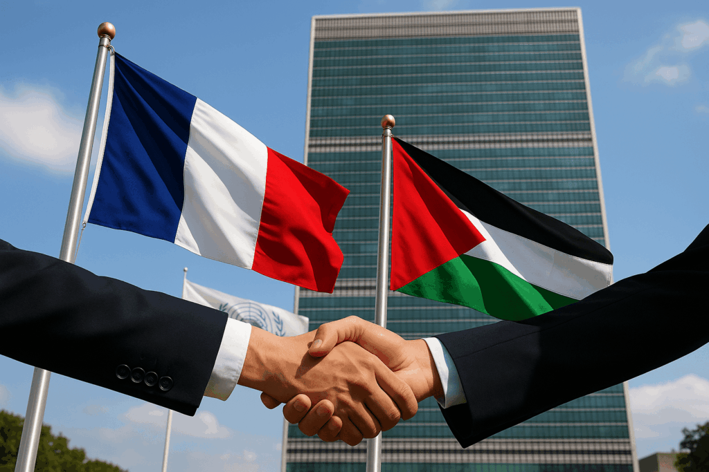 Bendera Prancis dan Palestina berkibar berdampingan di depan markas PBB, diapit jabat tangan diplomat—momen simbolis “Prancis Akui Palestina”.