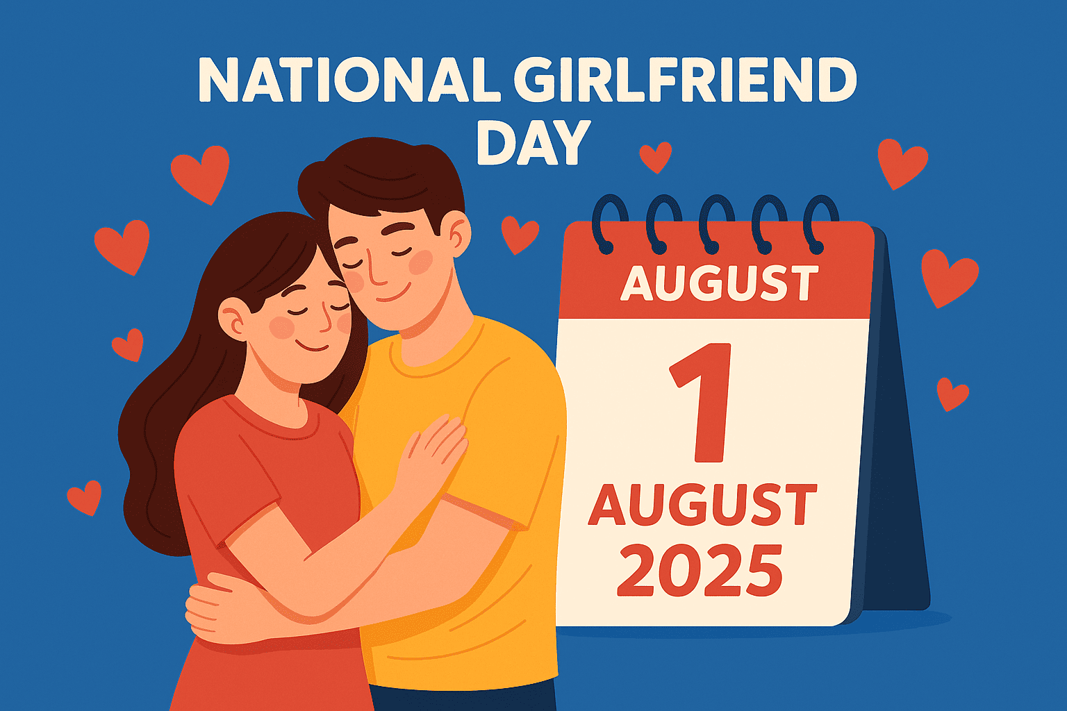 Ilustrasi pasangan berpelukan di samping kalender bertanggal 1 Agustus 2025 dengan teks “National Girlfriend Day”.