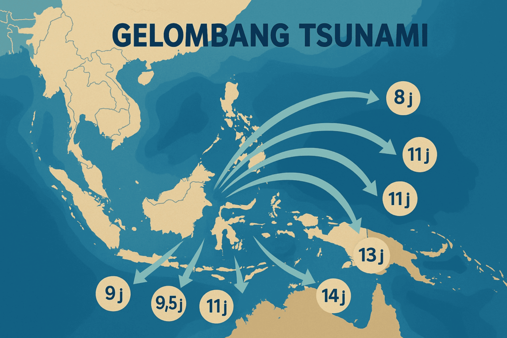 Infografik peta Asia‑Pasifik menampilkan panah arah gelombang tsunami dan label ETA ke pesisir Indonesia.