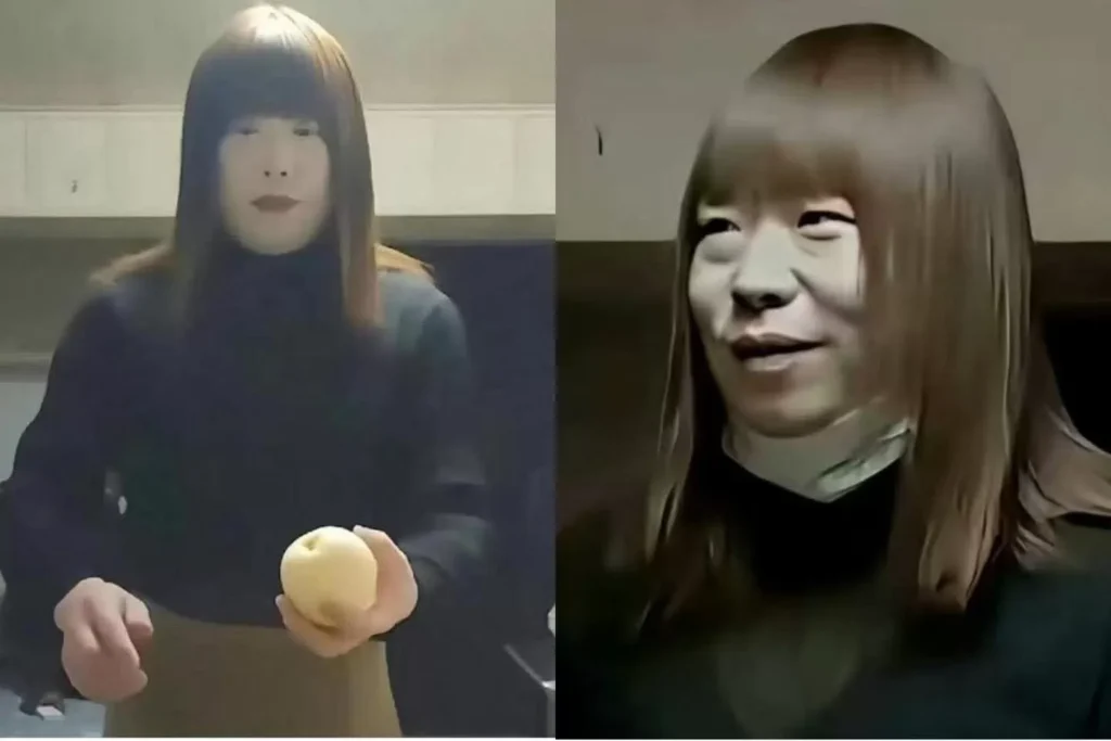 Cuplikan “Video Sister Hong” menampilkan sosok berambut wig cokelat sedang memegang buah pir dan berbicara di dapur.