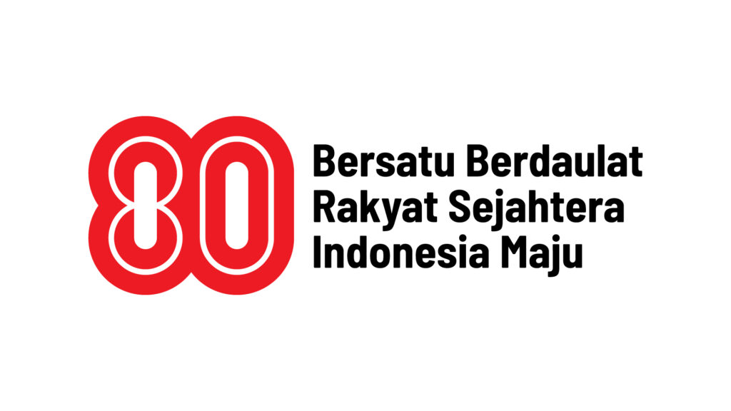 Logo 80 Tahun Indonesia berwarna merah dengan tagline “Bersatu Berdaulat Rakyat Sejahtera Indonesia Maju”.