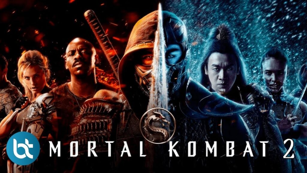 Poster sinematik “Mortal Kombat 2” menampilkan dua kubu karakter—zona api dengan Sonya, Jax, Scorpion di kiri, dan zona es dengan Sub‑Zero, Liu Kang, Kitana di kanan—dipisah simbol naga.