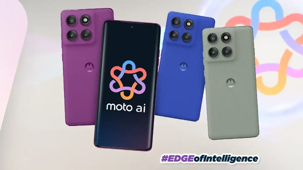 Deretan warna Motorola Edge 60 Pro—Pantone Peach Fuzz, Forest Blue, dan Snow Drift—dengan layar menampilkan logo Moto AI.