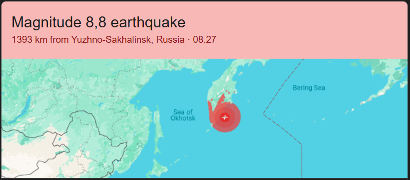 Peta lokasi gempa Rusia magnitudo 8,8 di Laut Okhotsk dekat Semenanjung Kamchatka.