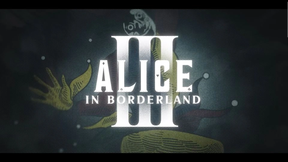 Logo resmi serial Alice in Borderland Season 3 yang menampilkan angka romawi III besar di tengah dengan bayangan kartu Joker di latar belakang.