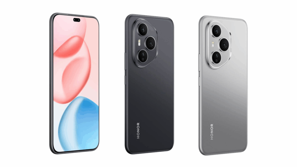 Tiga tampilan Honor 400—layar depan, bodi hitam, dan bodi perak—menonjolkan desain kamera segi-memutar.
