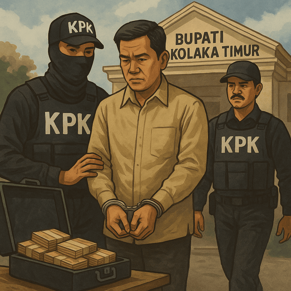 Ilustrasi OTT KPK: Bupati Kolaka Timur diborgol di depan kantor bertuliskan “Bupati Kolaka Timur”, dua petugas KPK berjaga, koper uang sitaan terbuka di meja.