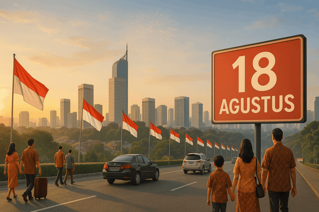 Panoramic Jakarta skyline di pagi 18 Agustus dengan bendera Merah-Putih dan keluarga bersiap menikmati long weekend HUT-80 RI.