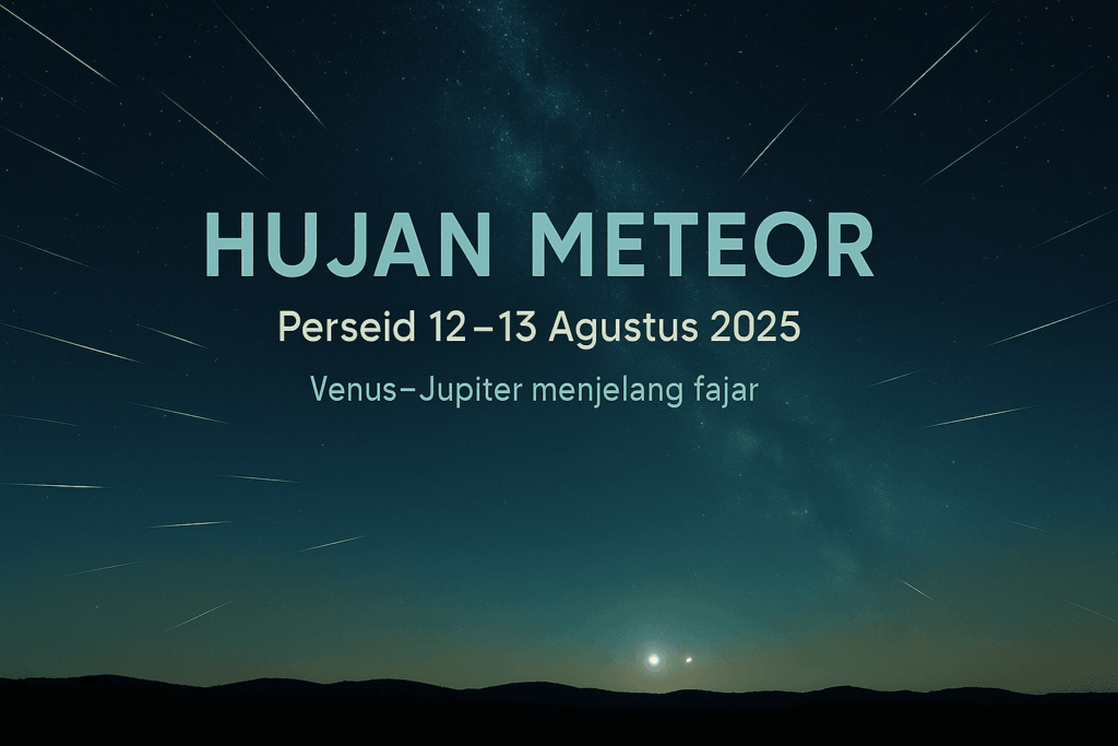 Featured image Hujan Meteor—meteor Perseid berjejak di langit malam dengan Venus–Jupiter rendah di timur menjelang fajar.