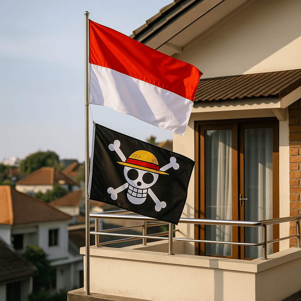 Bendera Merah Putih dan Bendera One Piece berkibar berdampingan di balkon rumah Indonesia menjelang 17 Agustus.