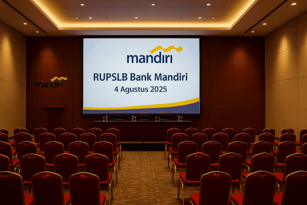 Ruang konferensi Assembly Hall Menara Mandiri dengan kursi merah yang tertata rapi, layar besar menampilkan “RUPSLB Bank Mandiri 4 Agustus 2025” dan logo Mandiri di dinding.