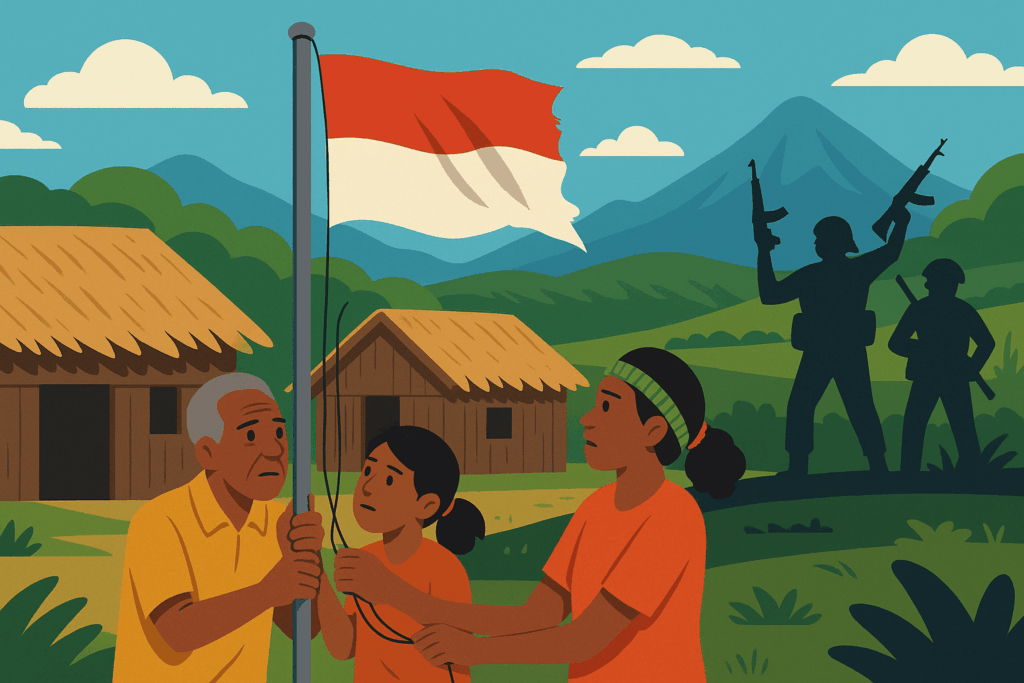 Ilustrasi dua warga Papua mengibarkan bendera Merah-Putih di depan rumah panggung tradisional, dengan siluet warga bersenjata TPNPB-OPM berjaga di kejauhan.