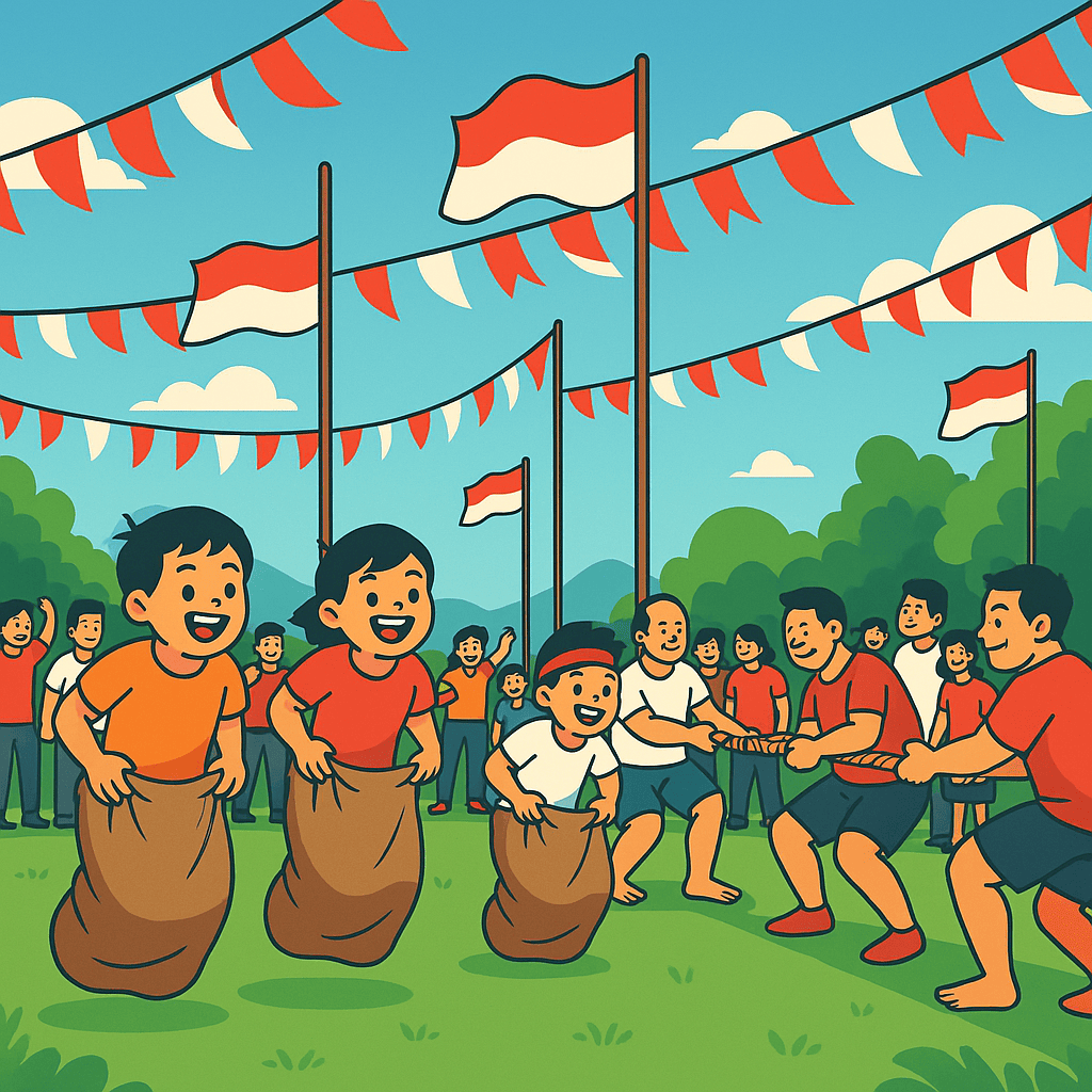 Ilustrasi lomba 17 Agustus di lapangan desa dengan balap karung, tarik tambang, dan bendera Merah-Putih berkibar.