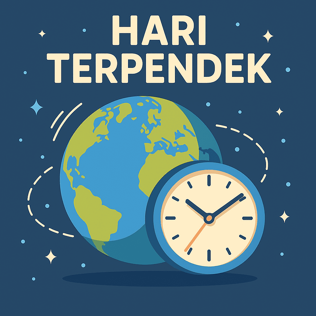 Ilustrasi digital “Hari Terpendek” menampilkan Bumi berputar cepat dengan jam analog besar di latar kosmos.