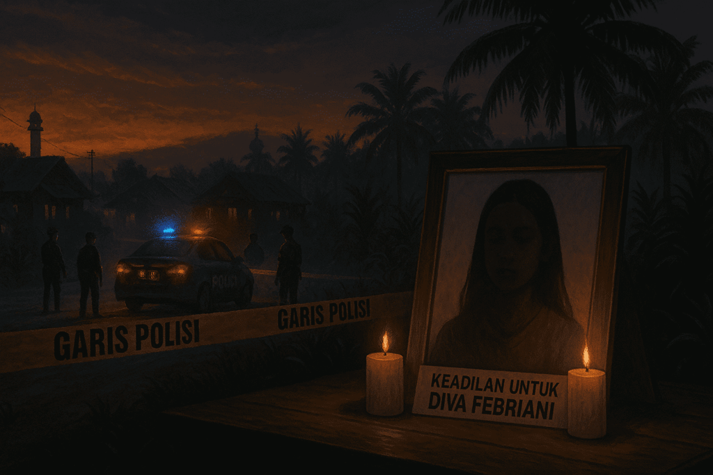 Landscape illustration of Mandailing Natal at senja, garis polisi dan mobil patroli berkedip di kebun sawit, dengan foto memorial “Keadilan untuk Diva Febriani” dan dua lilin menyala di meja kayu.